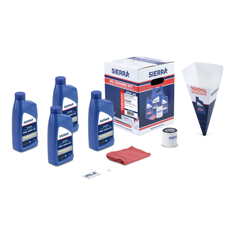 A collection of blue Sierra marine oil bottles, oil filter, red shop towel, and retail packaging on a white background