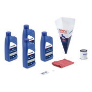 Collection of Sierra brand marine products including oil bottles, a filter, and a rag on a white background.