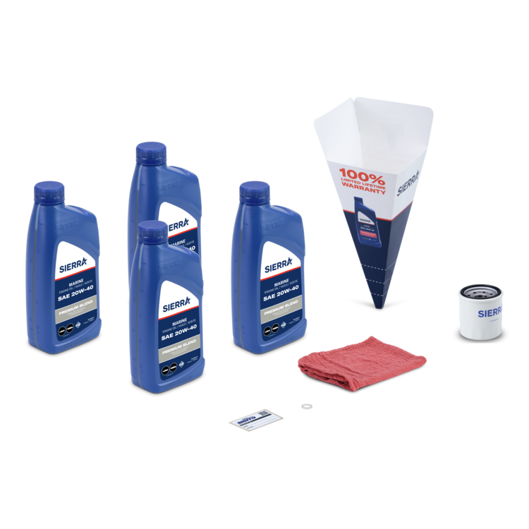 Collection of Sierra brand marine products including oil bottles, a filter, and a rag on a white background.