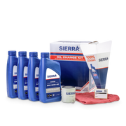 Four blue Sierra marine oil bottles, an oil filter, red shop towel, funnel, and retail packaging on a white background