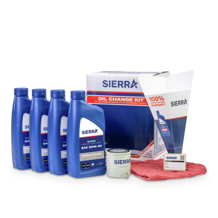 Four blue Sierra marine oil bottles, an oil filter, red shop towel, funnel, and retail packaging on a white background