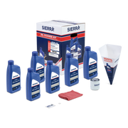 A collection of blue Sierra marine oil bottles, oil filter, red shop towel, and Sierra branded retail box on a white background