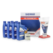 Sierra oil change kit with oil bottles, filter, and other items on a white background