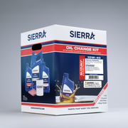 A Sierra branded oil change kit box with pictures of blue oil bottles, an oil filter, and red shop towel on a white background