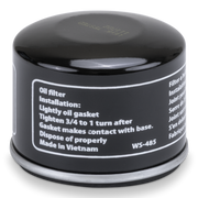 A black Prime Line oil filter on a white background
