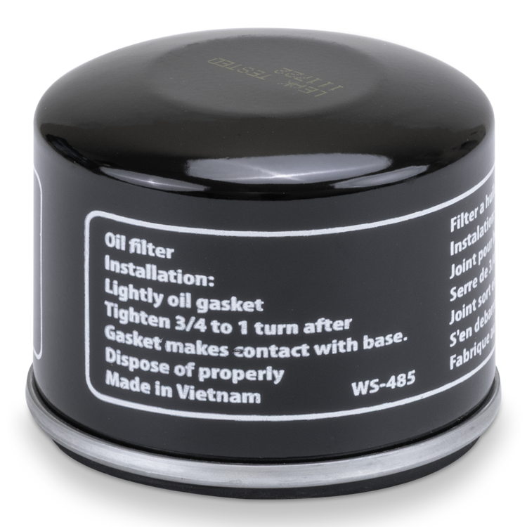 A black Prime Line oil filter on a white background