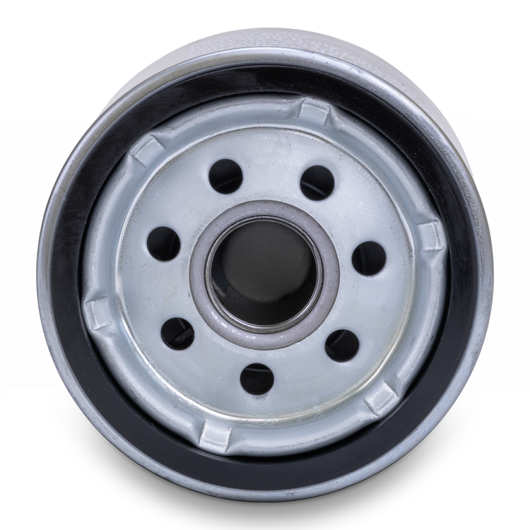Bottom threaded side of a Prime Line oil filter on a white background