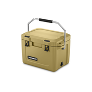 Olive colored Dometic cooler with a handle on a white background.