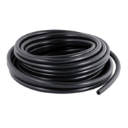 A coiled black rubber tube, photographed on a clean white background.