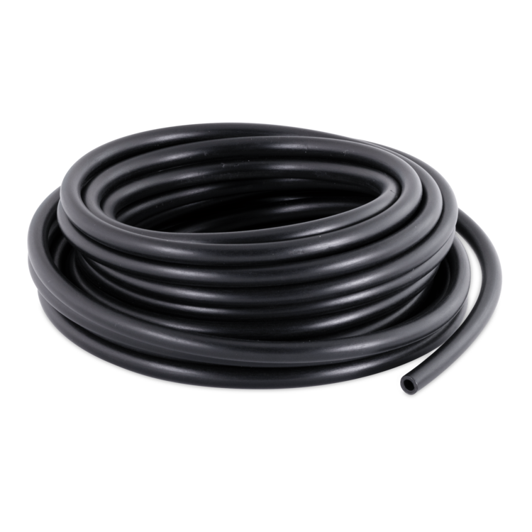 A coiled black rubber tube, photographed on a clean white background.