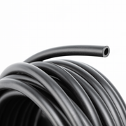 A close-up of a coiled black rubber or plastic tube with one end exposed, photographed on a plain white background.