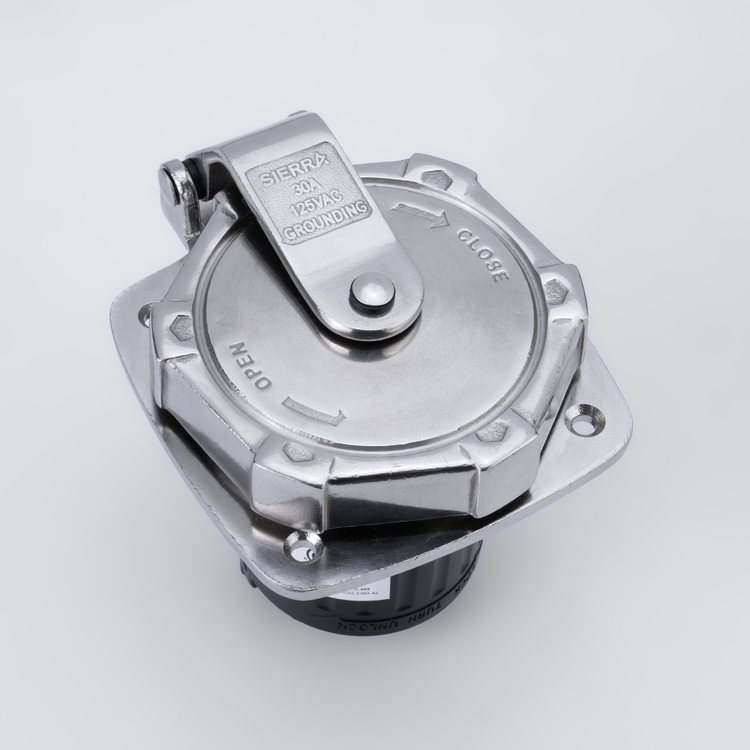 Metallic power inlet with 'Sierra' branding on a light gray background