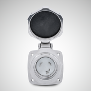Metallic power inlet on a light gray background
