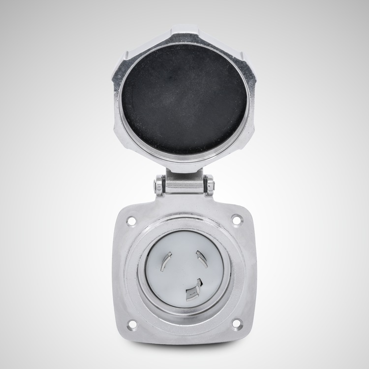 Metallic power inlet on a light gray background