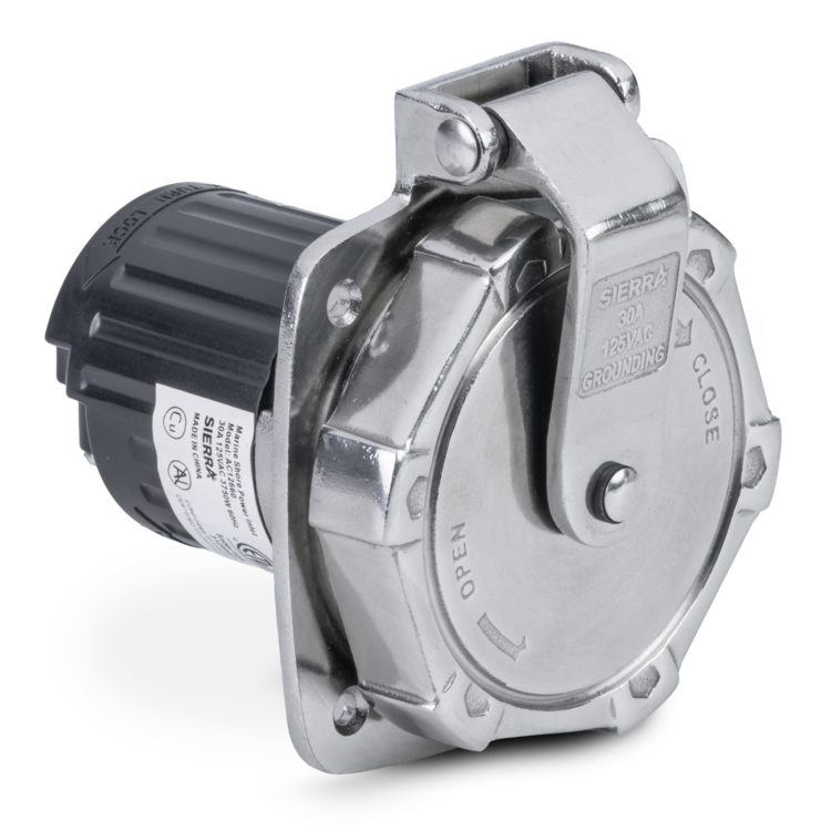 Metallic power inlet with 'Sierra' branding on a white background