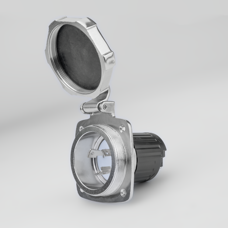 Metallic power inlet on a light gray background