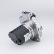 Metallic power inlet on a light gray background