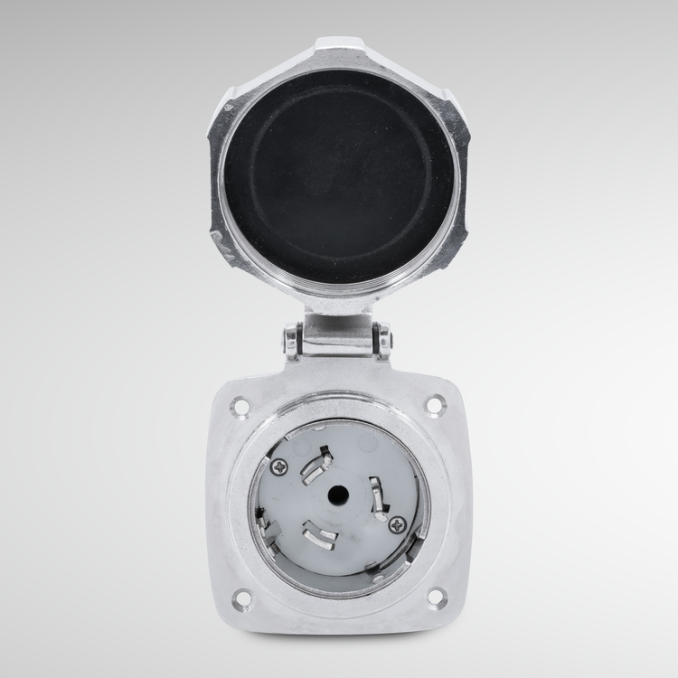 Metallic electrical connector on a gray background