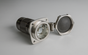 Metallic connector on a gray background