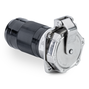Metal connector with black and silver finish on a white background