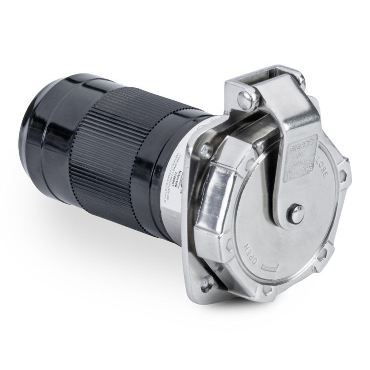 Metal connector with black and silver finish on a white background