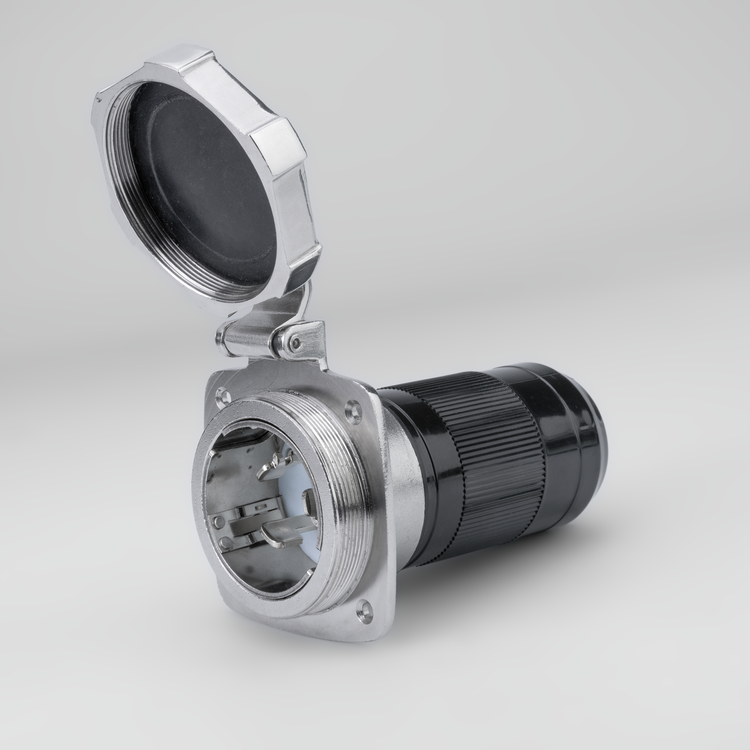 Metallic connector on a gray background