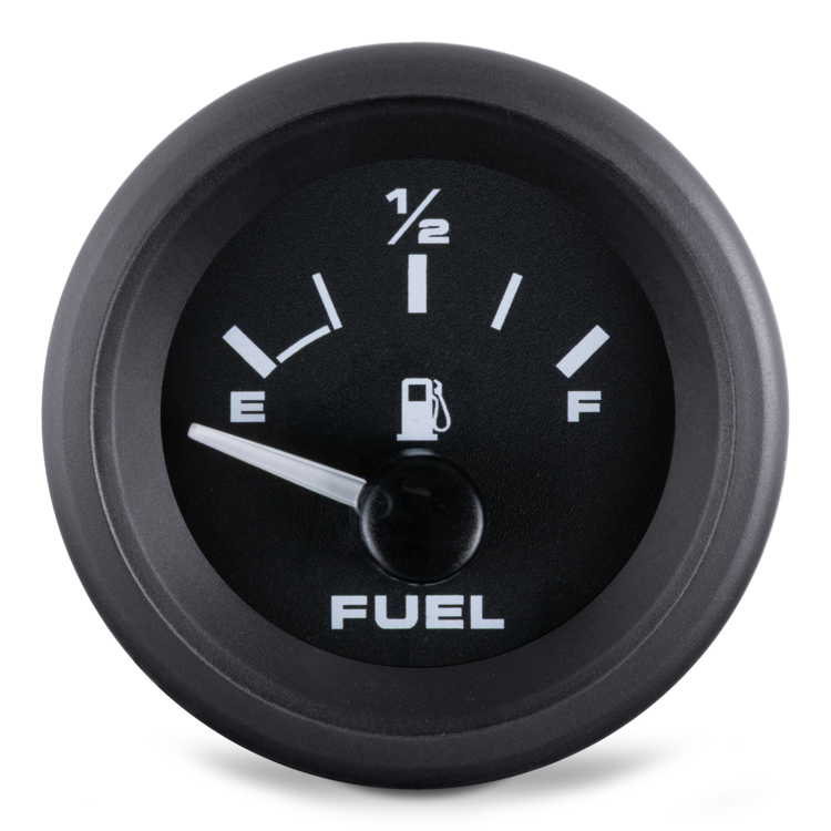 Fuel gauge with black dial and white markings on a white background