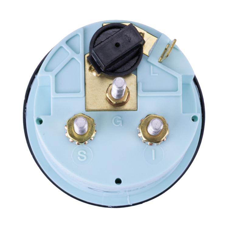Rear view of trim gauge with a blue casing and brass connectors on a white background