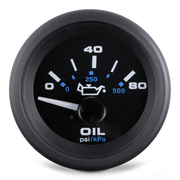 Oil pressure gauge with black face and white markings on a white background