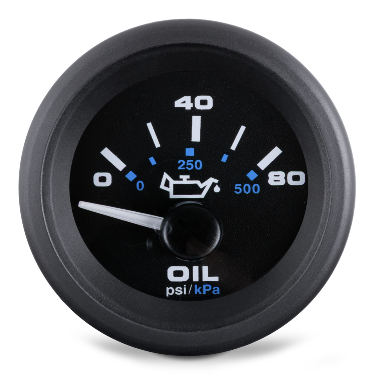 Oil pressure gauge with black face and white markings on a white background