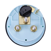 Rear view of oil pressure gauge with blue casing on a white background