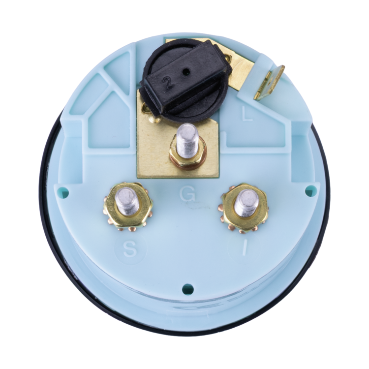 Rear view of oil pressure gauge with blue casing on a white background
