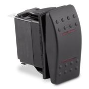 A black Sierra RK19460-1 rocker switch on a white background