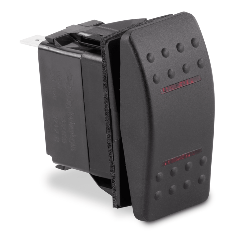 A black Sierra RK19460-1 rocker switch on a white background