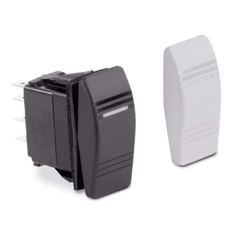 A black Sierra rocker switch and gray alternative cover on a white background