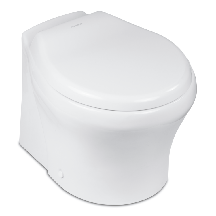 A closed white Dometic MasterFlush toilet on a white background