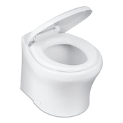An open white Dometic MasterFlush toilet on a white background