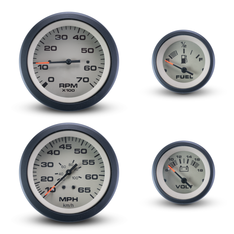 Four round dashboard gauges with dark blue bezels and white faces, including an RPM meter, MPH/kmh speedometer, fuel gauge, and voltage gauge, arranged on a light gray background.