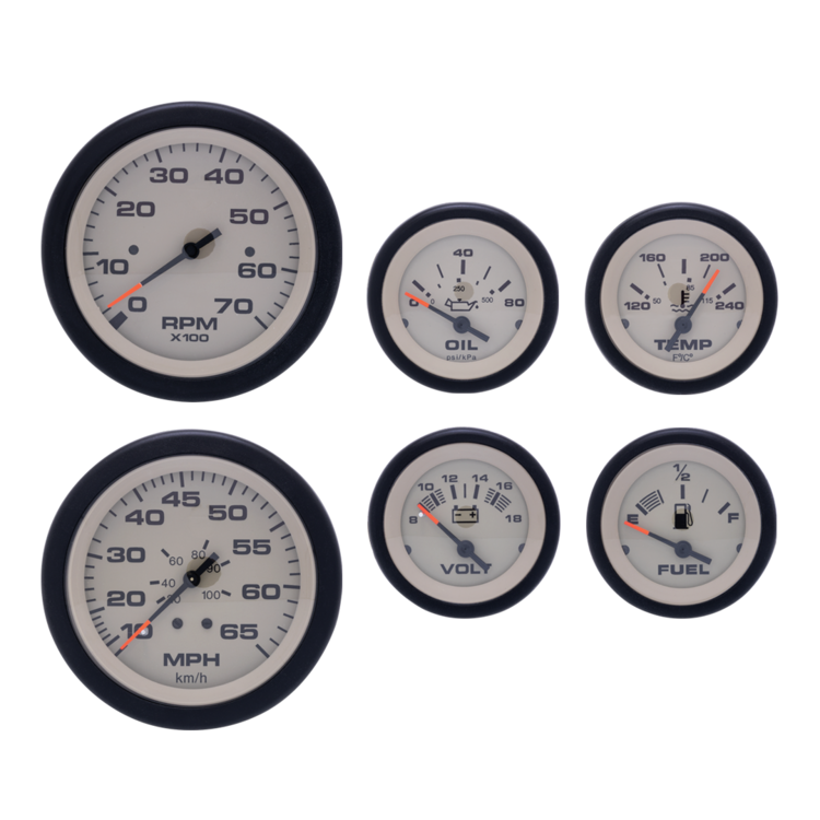 Set of six gauges on a white background