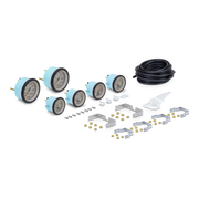 Collection of gauges, hardware, and hose on a white background