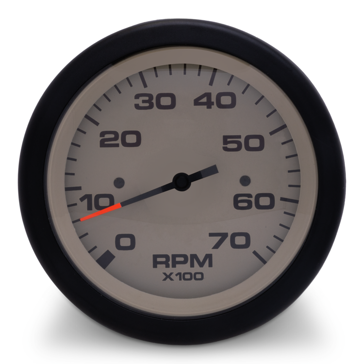 RPM gauge with black rim and gray face on a white background