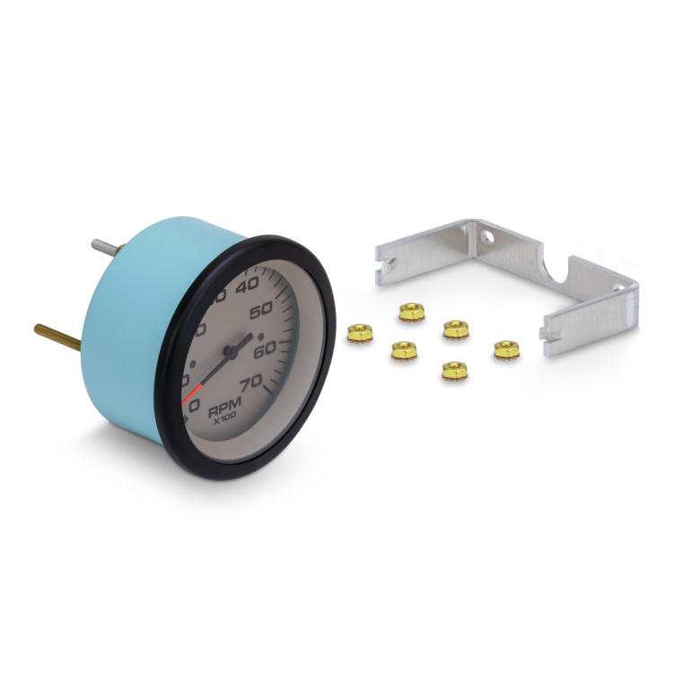 RPM gauge with mounting hardware on a white background