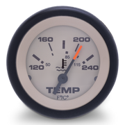 Temperature gauge with black rim and white face on a white background