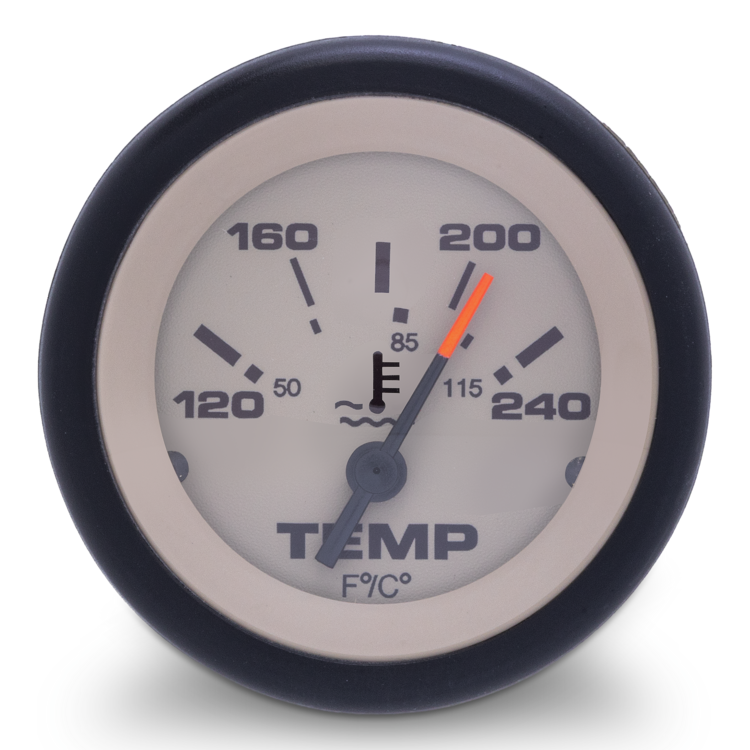 Temperature gauge with black rim and white face on a white background