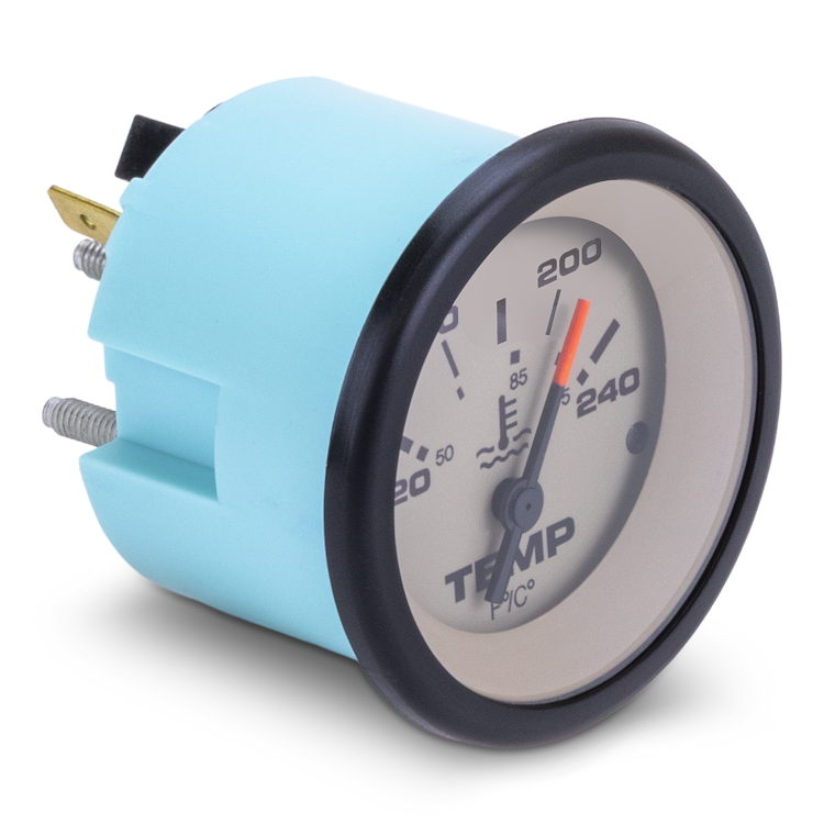 Temperature gauge with blue casing on a white background