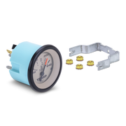 Temperature gauge with mounting bracket and hardware on a white background