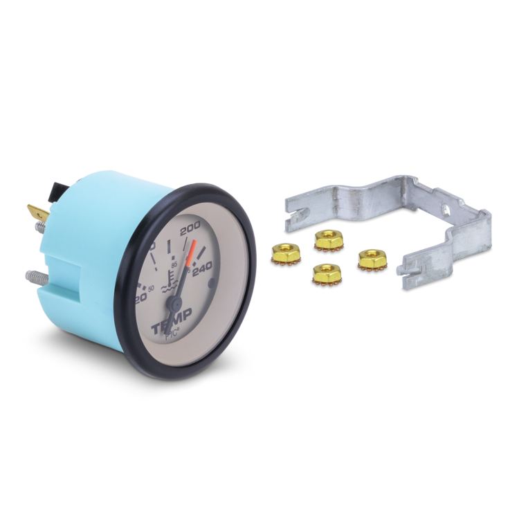 Temperature gauge with mounting bracket and hardware on a white background