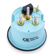 Rear view of blue trim gauge with screws and a CE mark on a white background