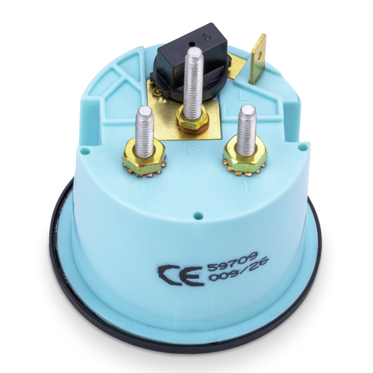 Rear view of blue trim gauge with screws and a CE mark on a white background