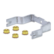 Metal bracket with four gold-colored nuts on a white background